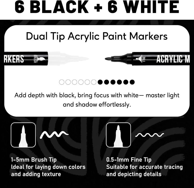 Pagather Black and White Acrylic Paint Markers, 12 Pack Dual Tip with Fine Tip and Brush Tip Pens for Stone, Wood, Calligraphy, Canvas, Ceramic, Metal, Glass, Rock Painting, DIY Crafts - Image 2